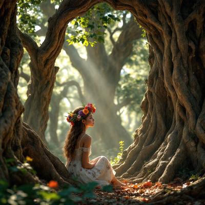 The primary subject of the image is a woman sitting in a forest, surrounded by trees. She is wearing a floral headband and a flowing dress, which adds a touch of elegance to the scene. The setting is a forest with trees, creating a serene and natural atmosphere. The visual style of the image is a photo, capturing the woman and her surroundings in a realistic manner. The colors in the image are predominantly earthy tones, such as green, brown, and orange, which contribute